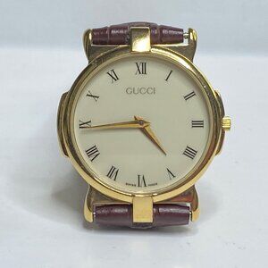 Gucci 3400M Gold Tone Roman Dial Brown Leather Watch Swiss Made 0162516 SS159